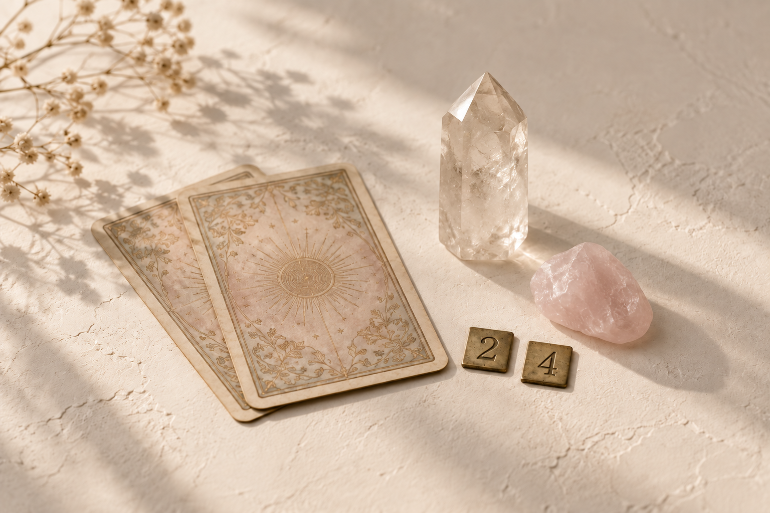 Tarot cards, crystals and number tiles arranged in soft sunlight